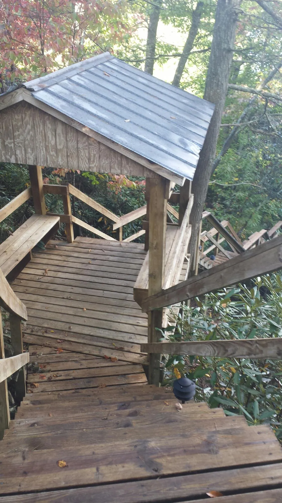 Metal roofed shelter over wooden steps on a wooded walkway — Skylight Repair & Installation work by our crew in Dekalb